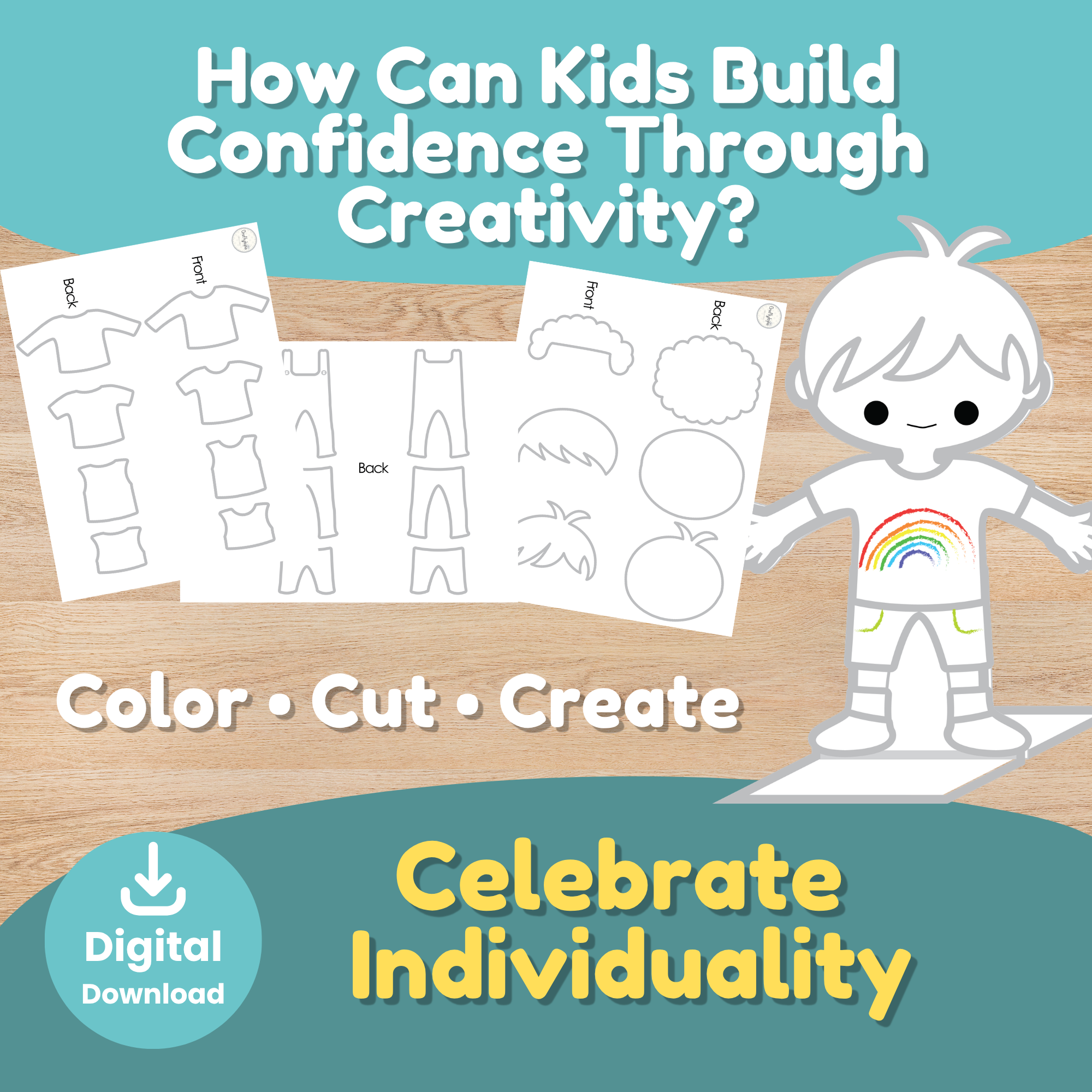 This Is Me puppet activity with matching writing worksheet where children share their favorite color, birthday, family, interests, and what makes them special. Self-awareness and social-emotional learning printable.