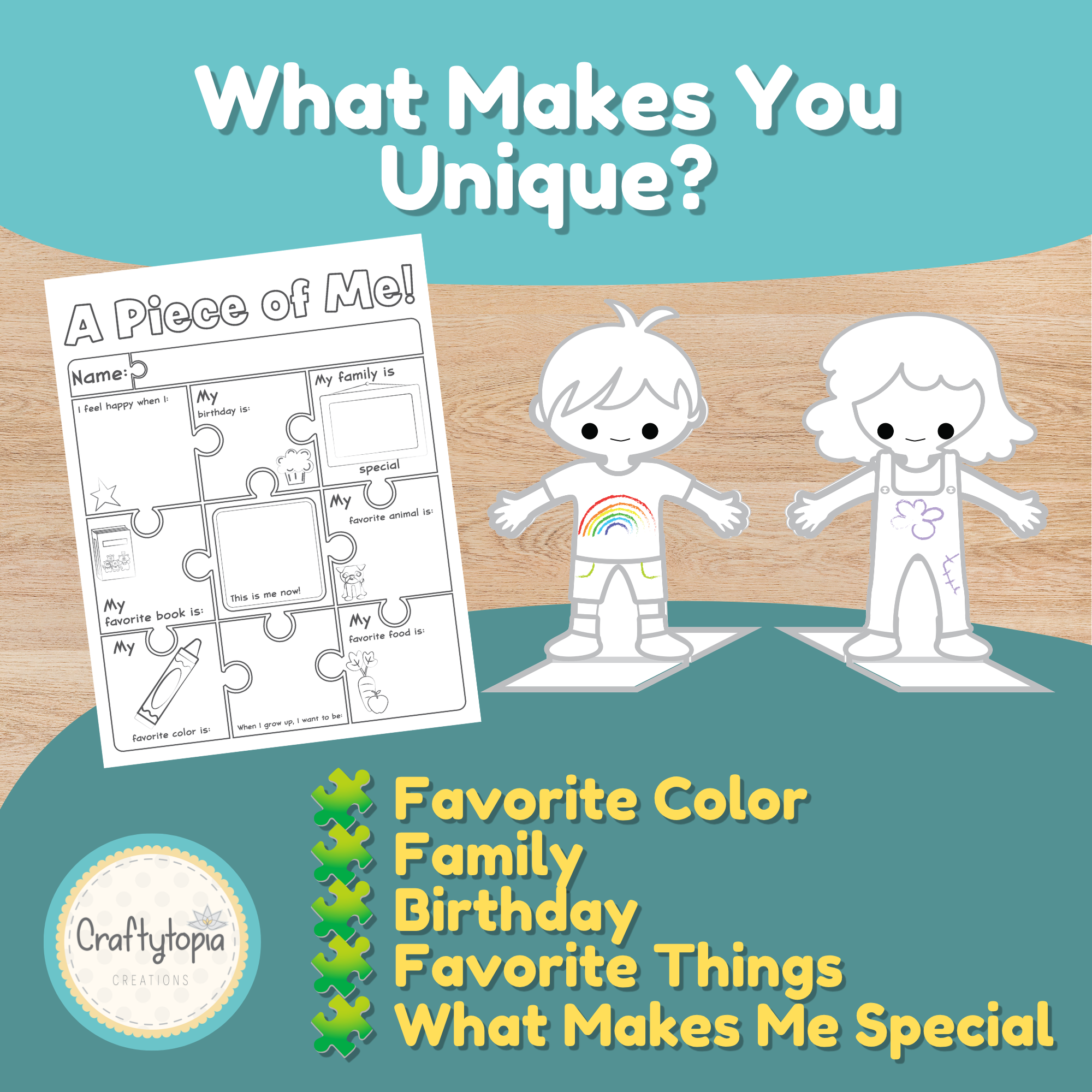 Printable standing puppet craft featuring customizable boy and girl characters designed to help children express who they are through creativity, storytelling, and imaginative play.