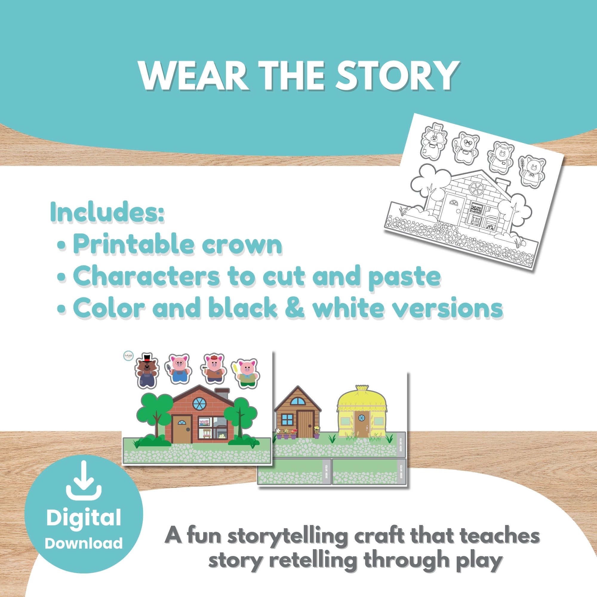 Three Little Pigs story retelling crown craft finished example worn by child Craftytopia