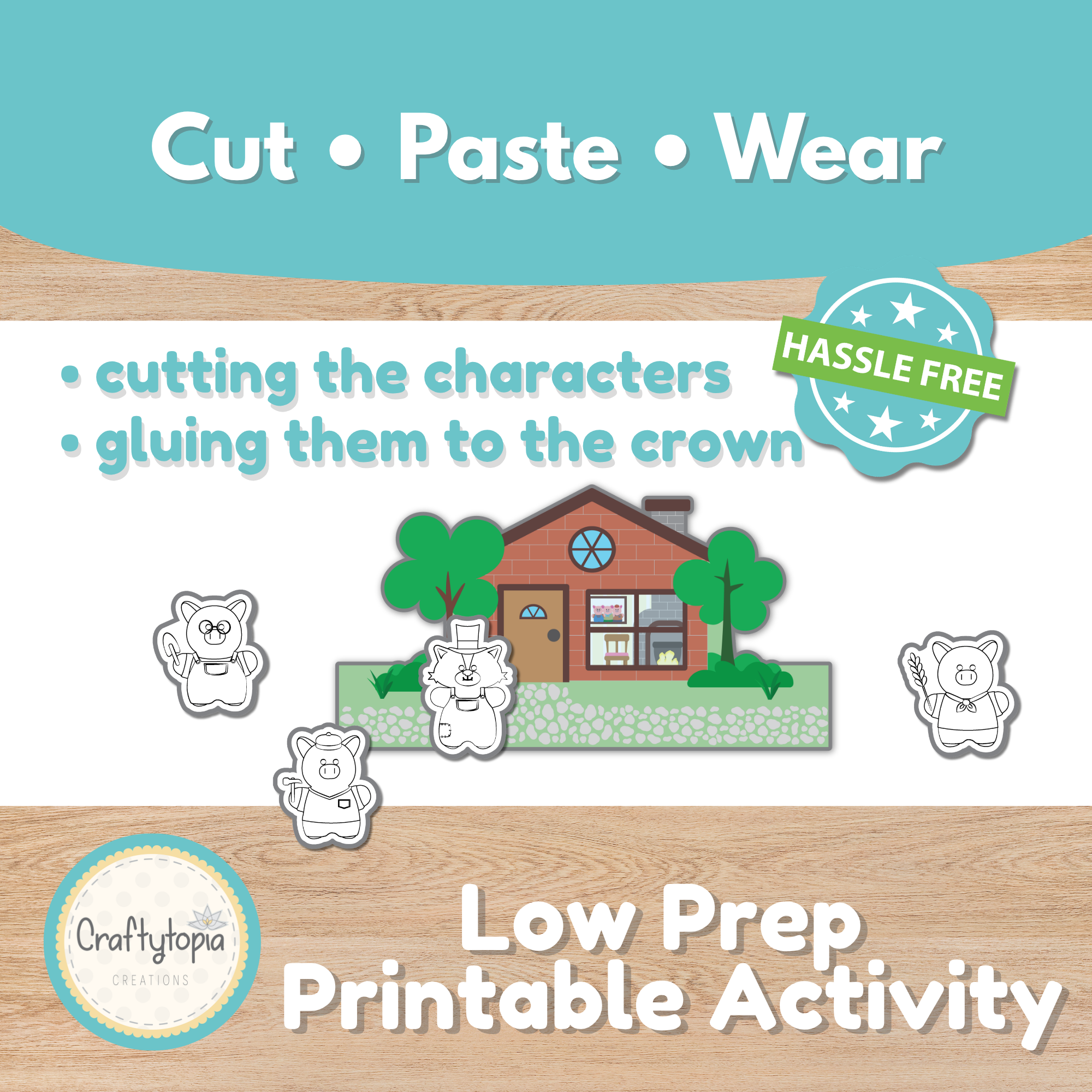Three Little Pigs printable cut and paste crown craft with a storybook house scene and black and white characters for coloring