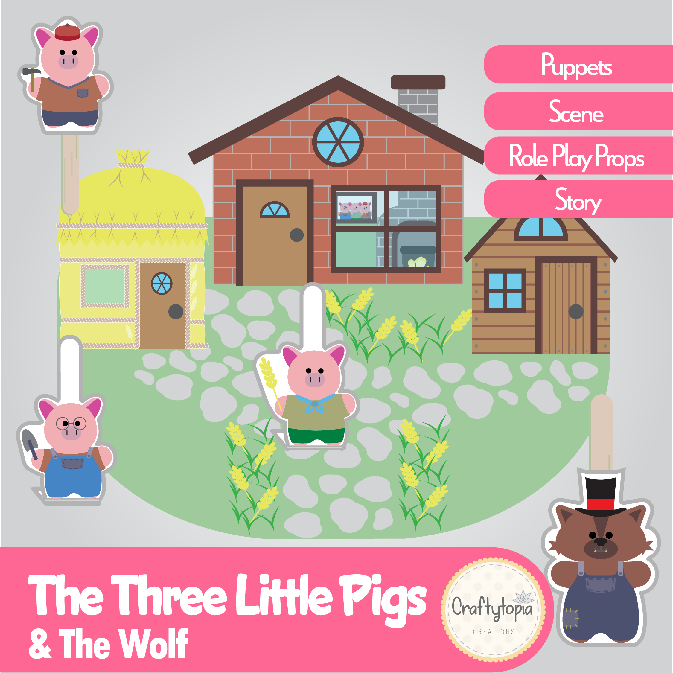 Printable Three Little Pigs Puppets Scene Kids Activity