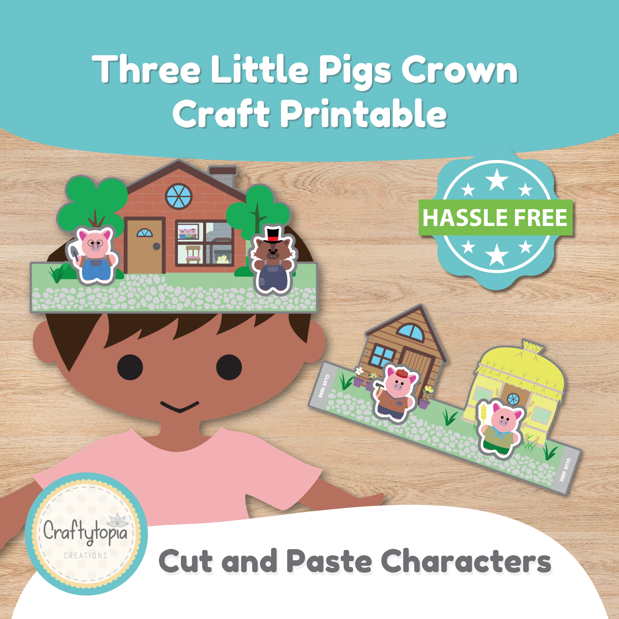 Three Little Pigs crown craft printable story retelling cut and paste activity for kids Craftytopia