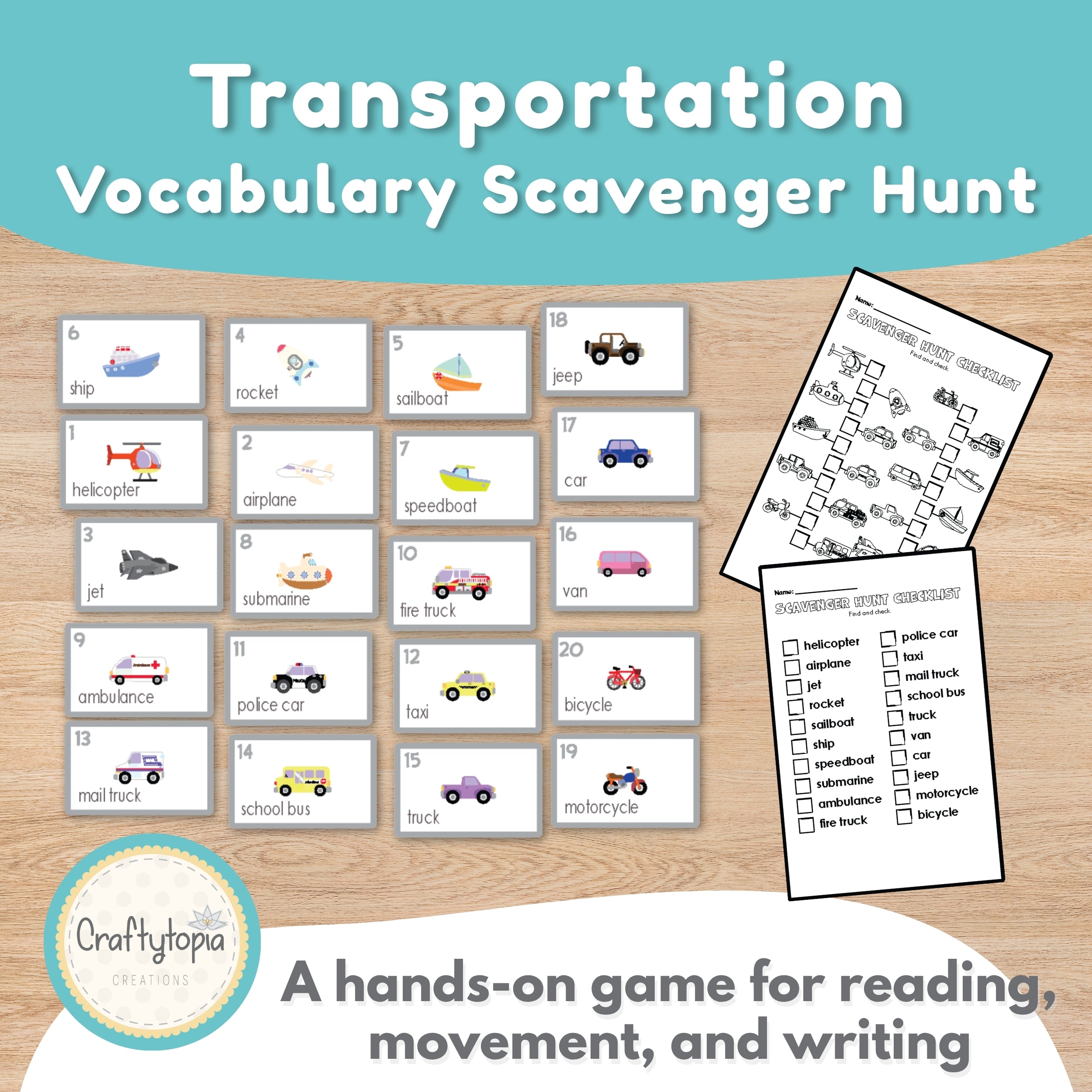 Community transportation flashcards scavenger hunt printable for kids