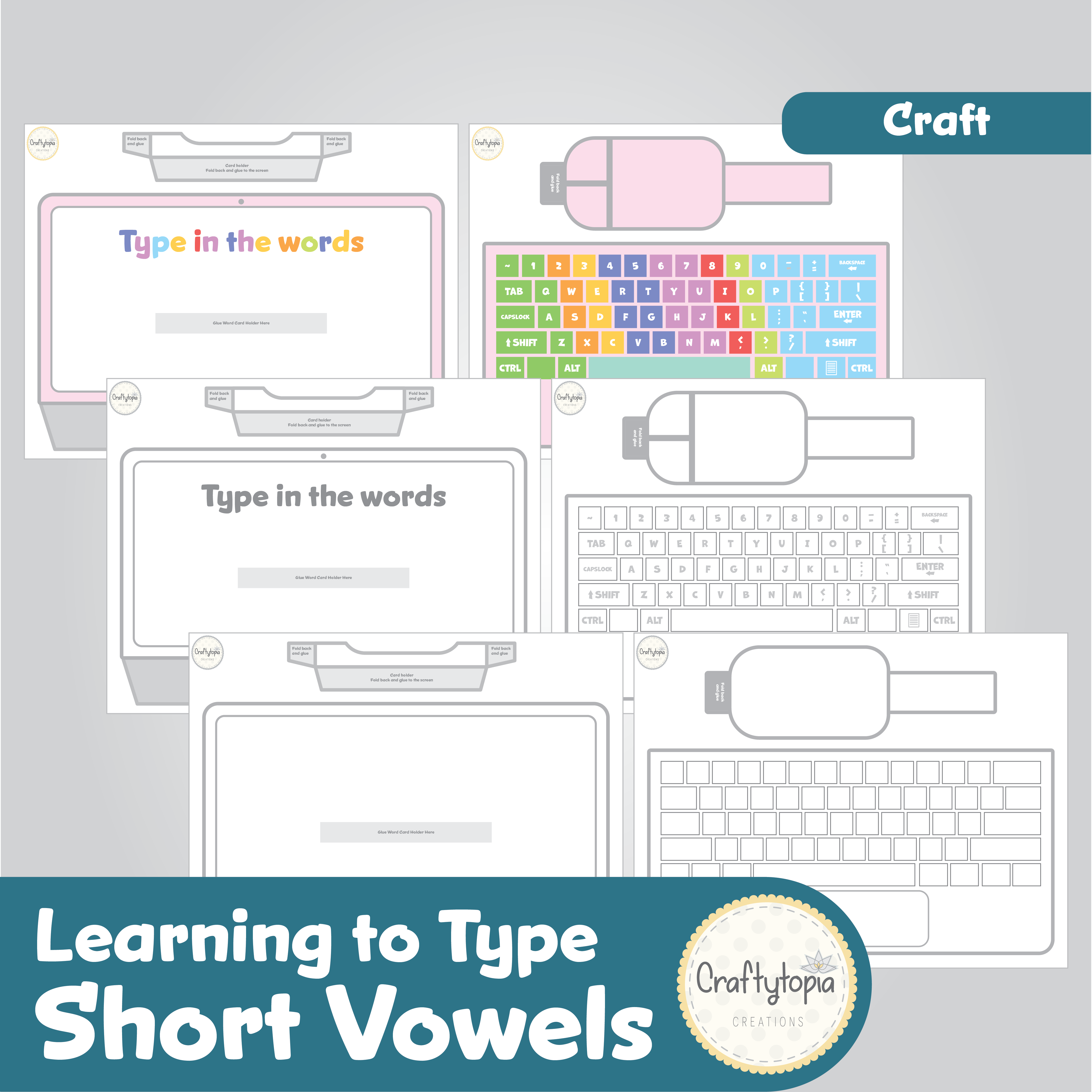 Printable Short Vowel Words Laptop Kids Activity for coloring