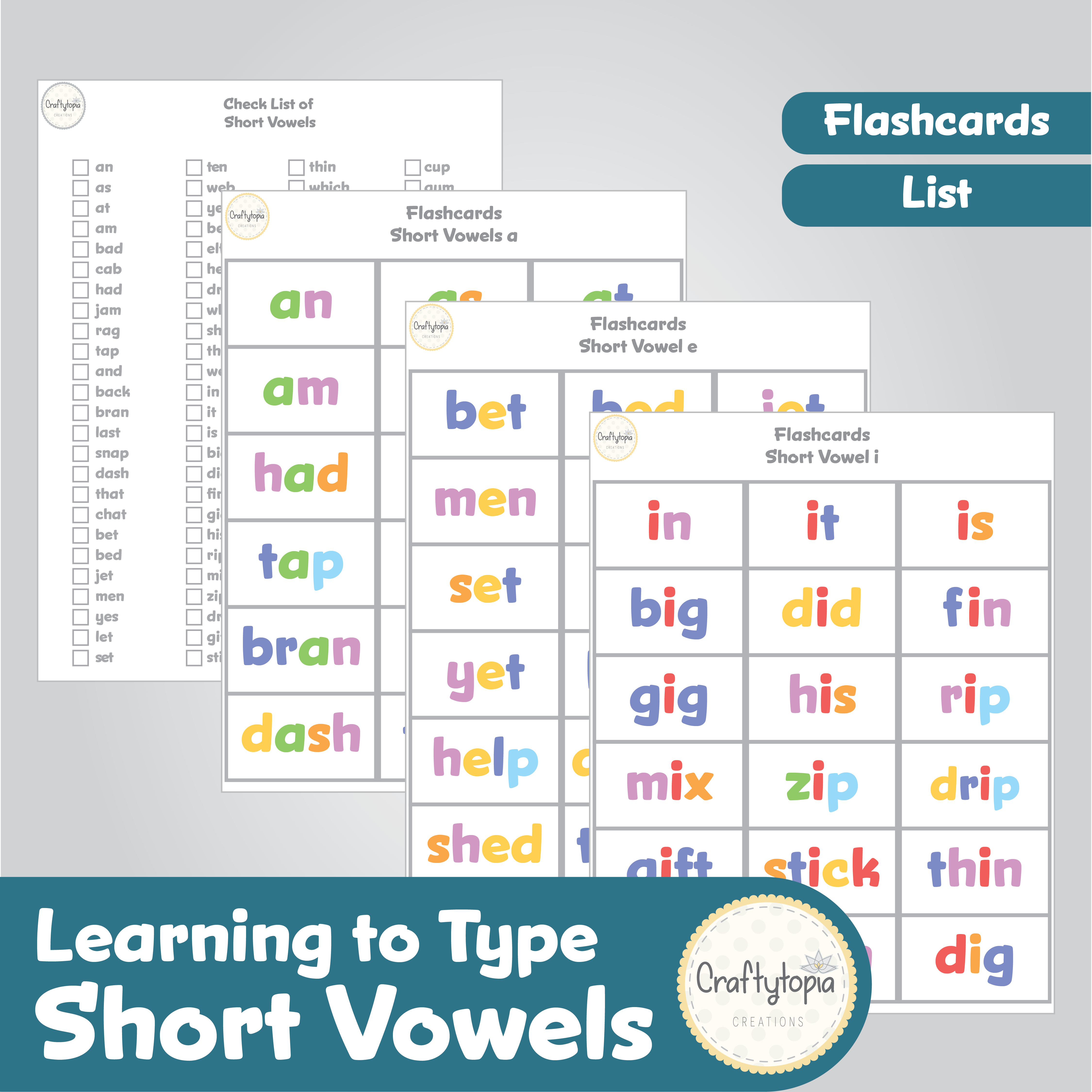 Printable Short Vowel Words Laptop Kids Activity Word List and Cards