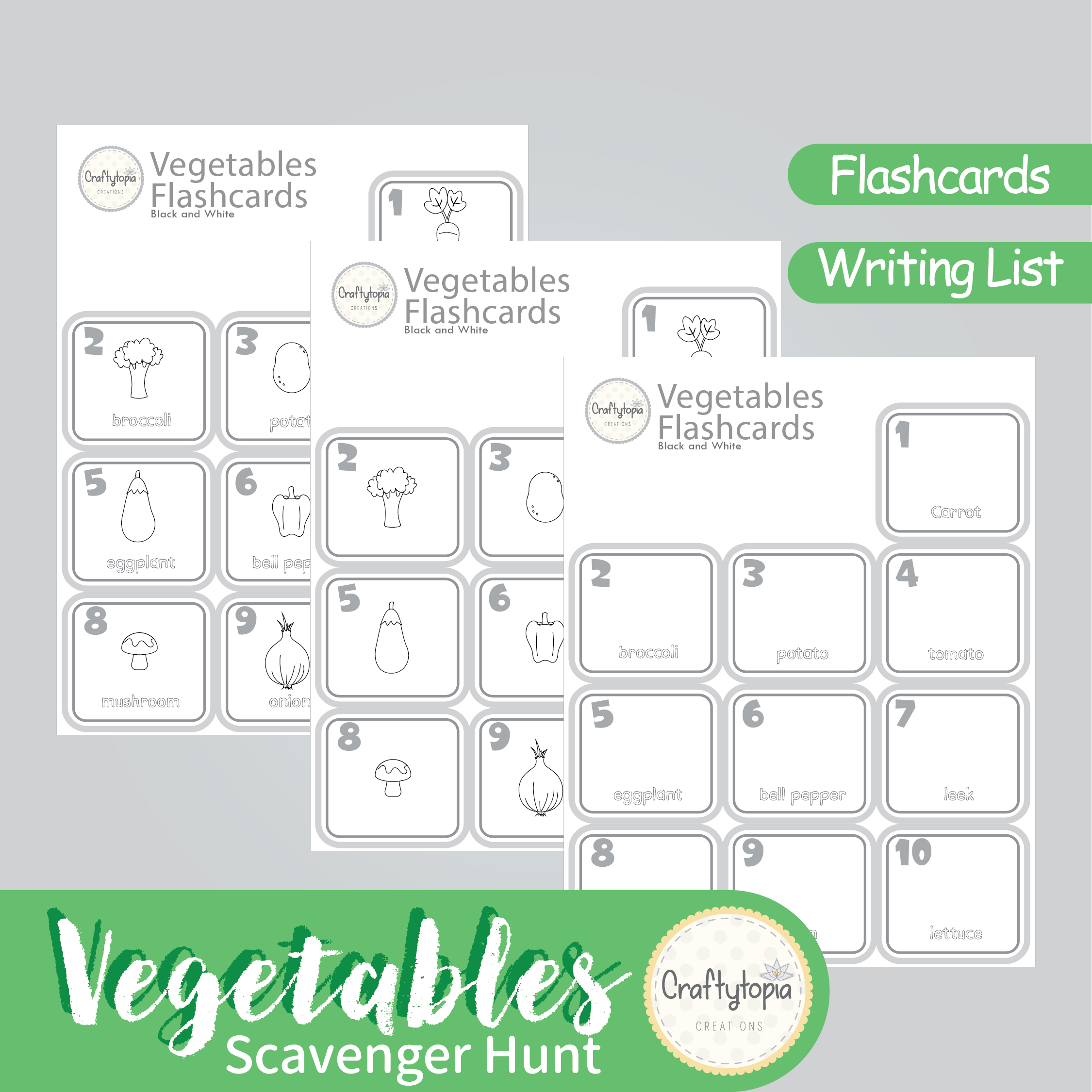 Printable Vegetables Flashcards and Scavenger Hunt for coloring