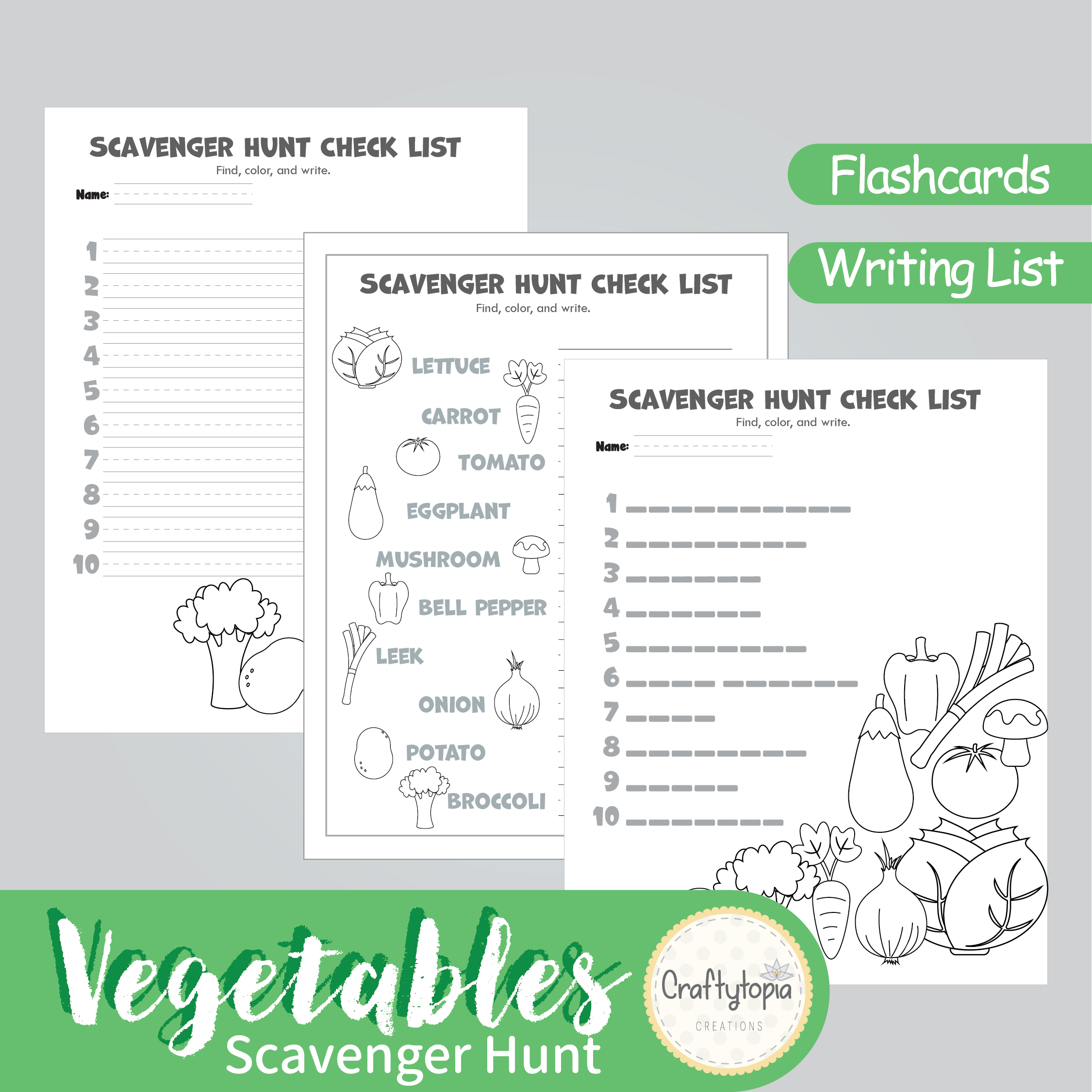 Printable Vegetables Flashcards and Scavenger Hunt Checklists