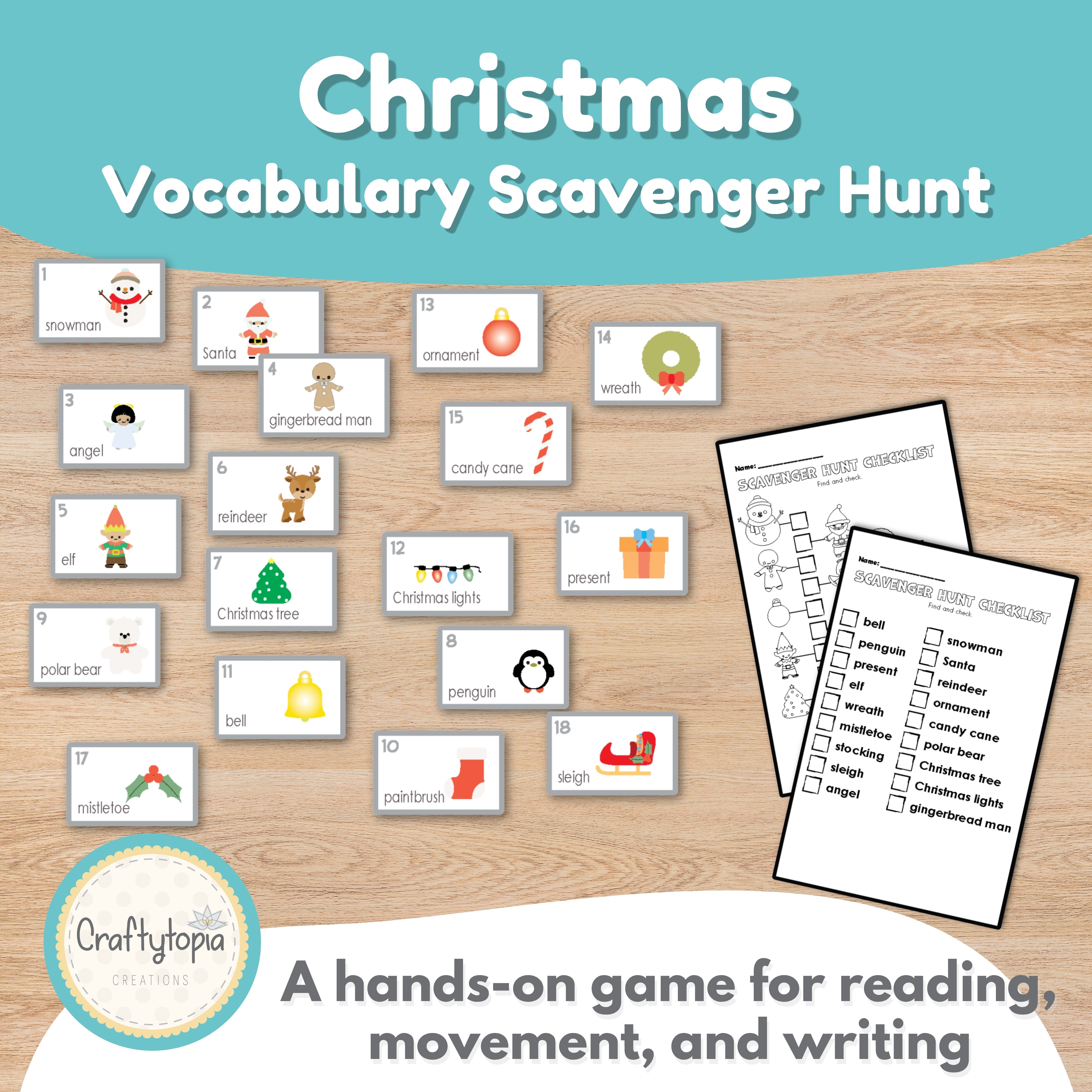 Christmas vocabulary flashcards and scavenger hunt game assembled example Craftytopia