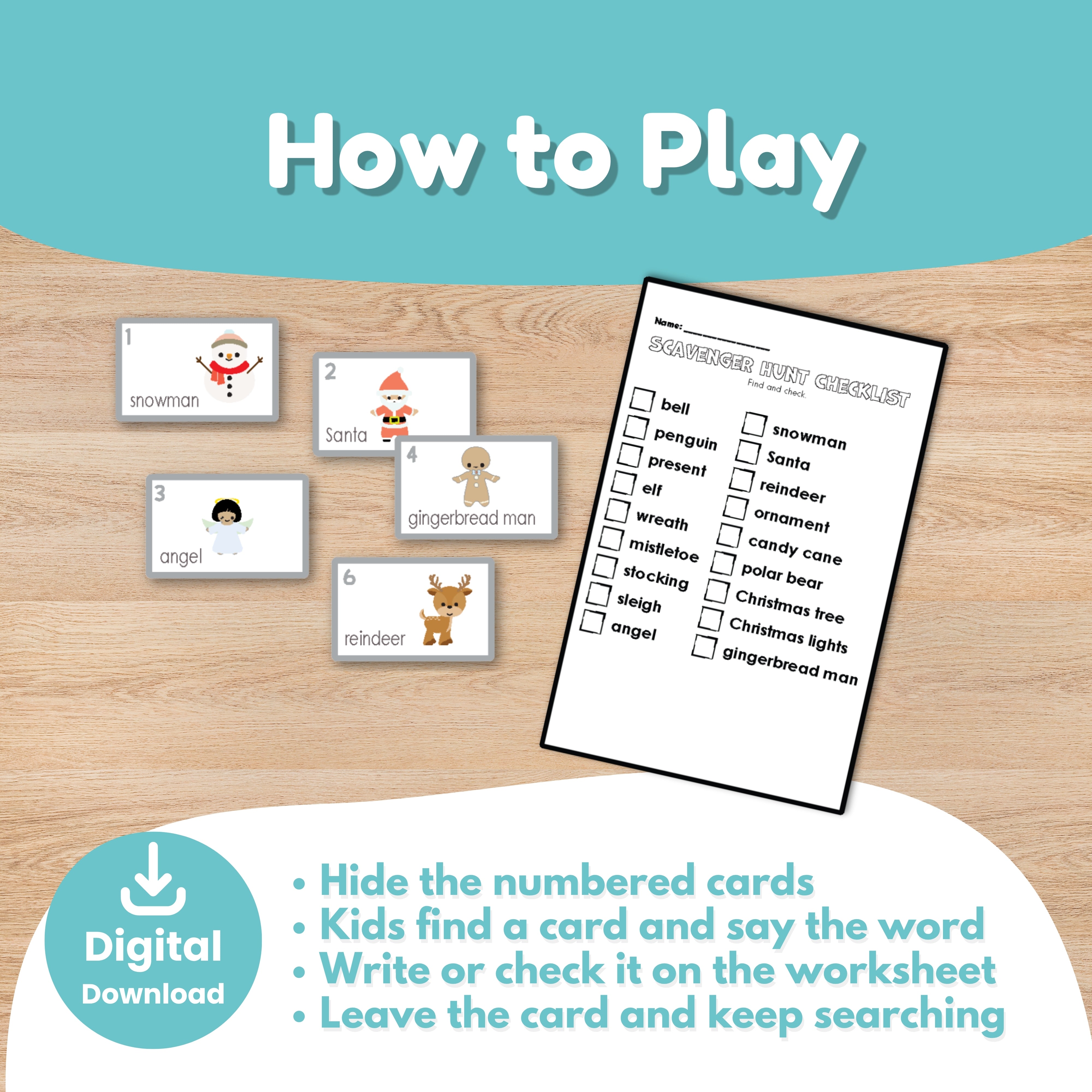Christmas flashcards scavenger hunt printable color version for kids