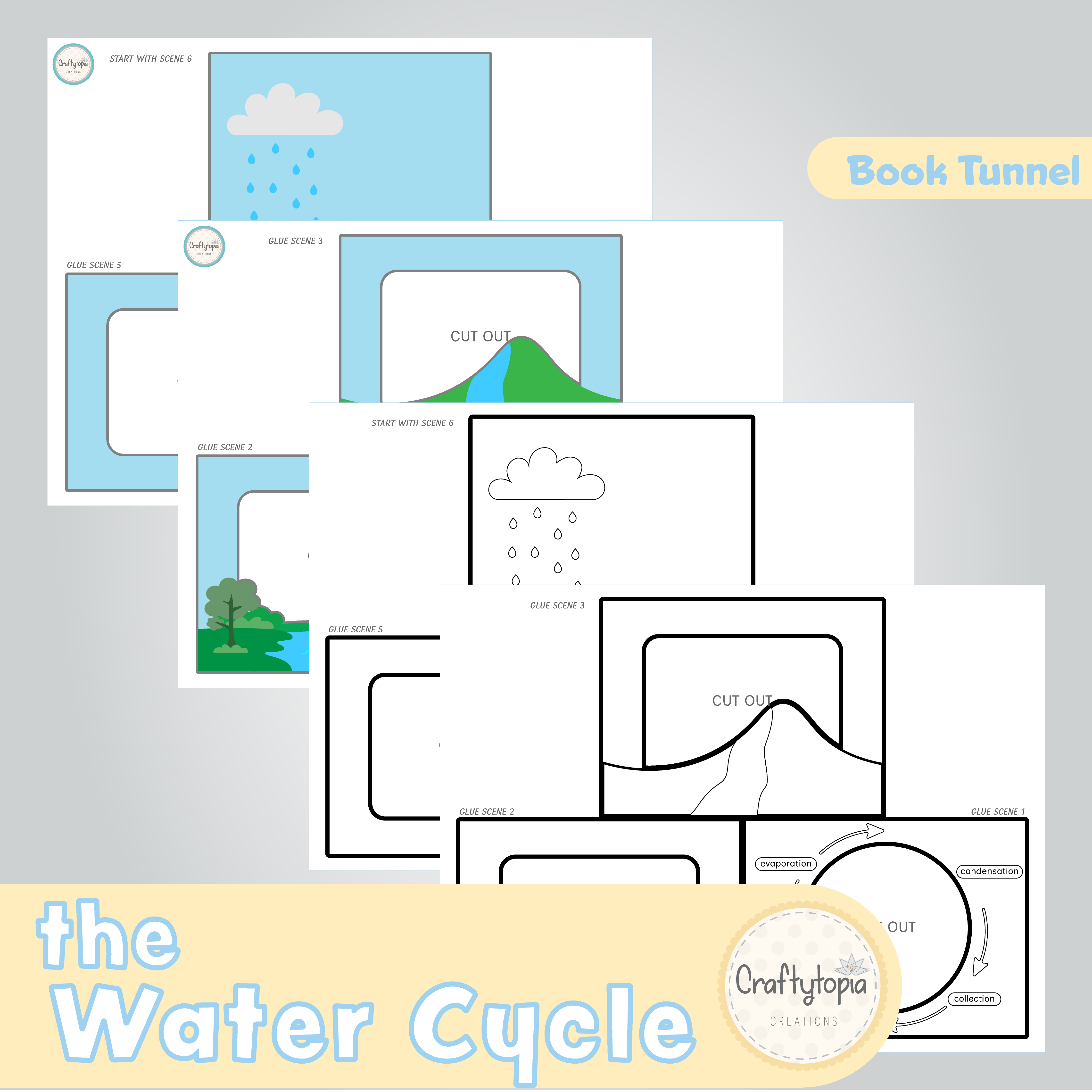 Printable Water Cycle Tunnel Book 3D Kids Craft for coloring