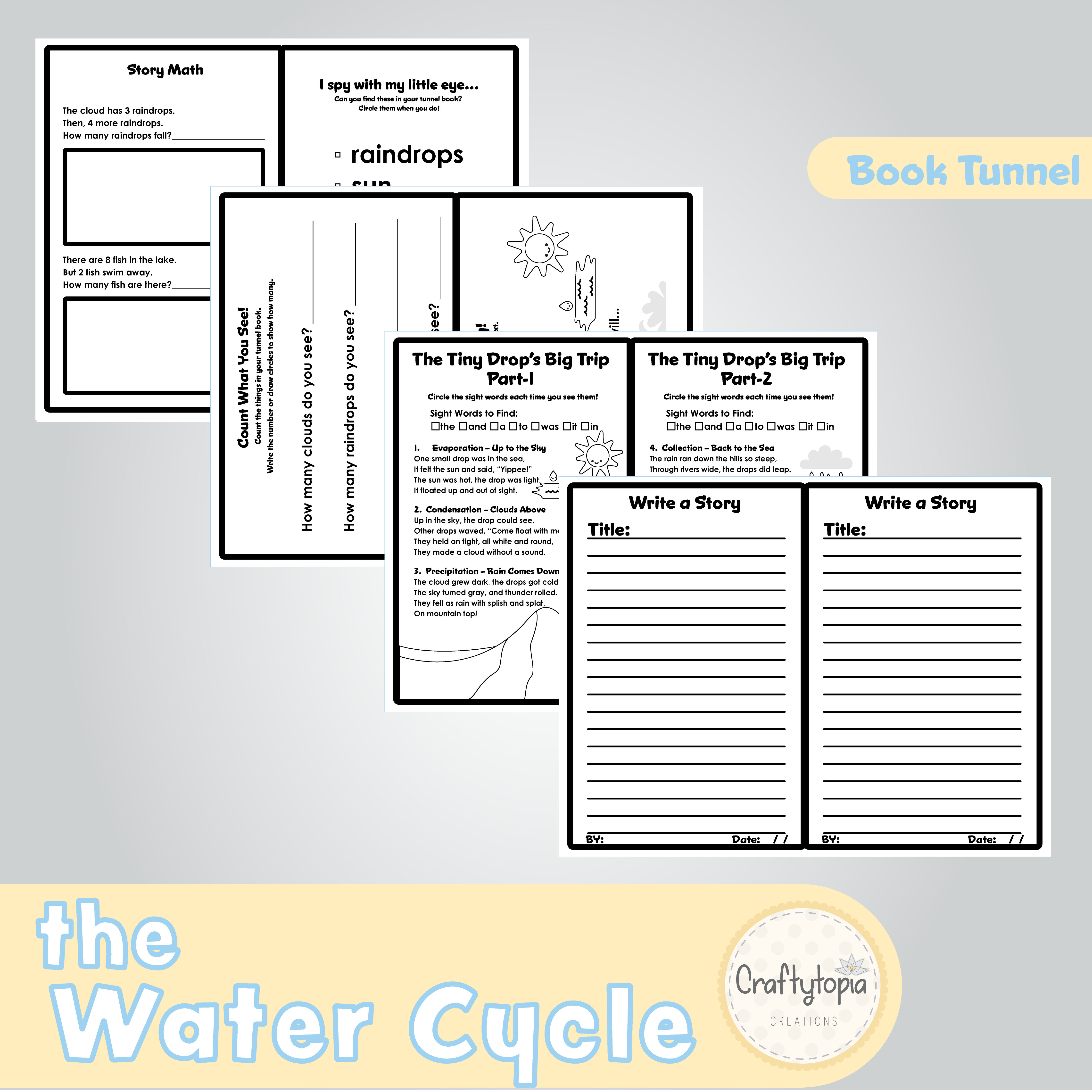Printable Water Cycle Tunnel Book 3D Kids Craft Math, Reading, Writing Activities