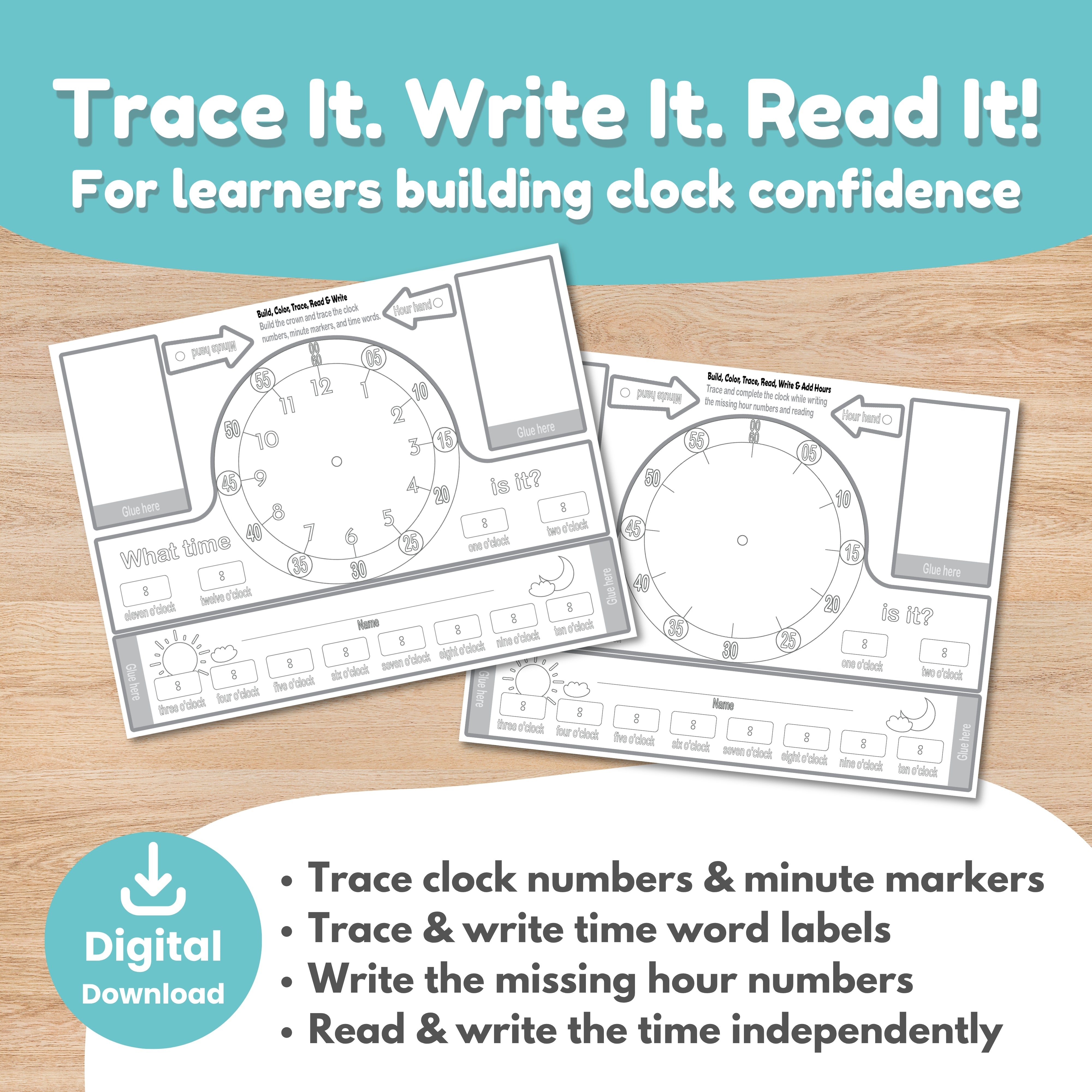 Kindergarten telling time worksheet — color and build clock crown activity