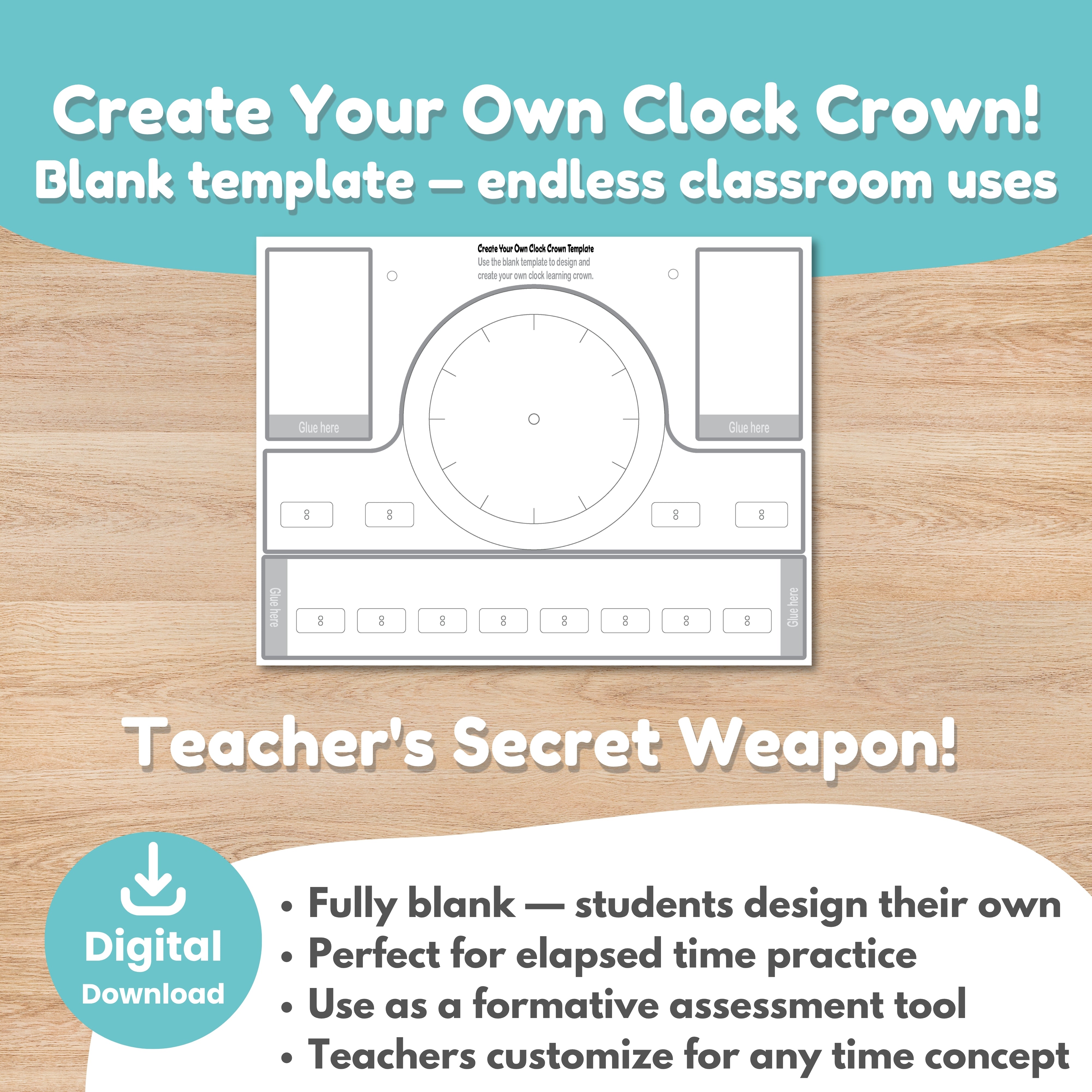 Blank clock crown template for telling time assessment or student-created clocks