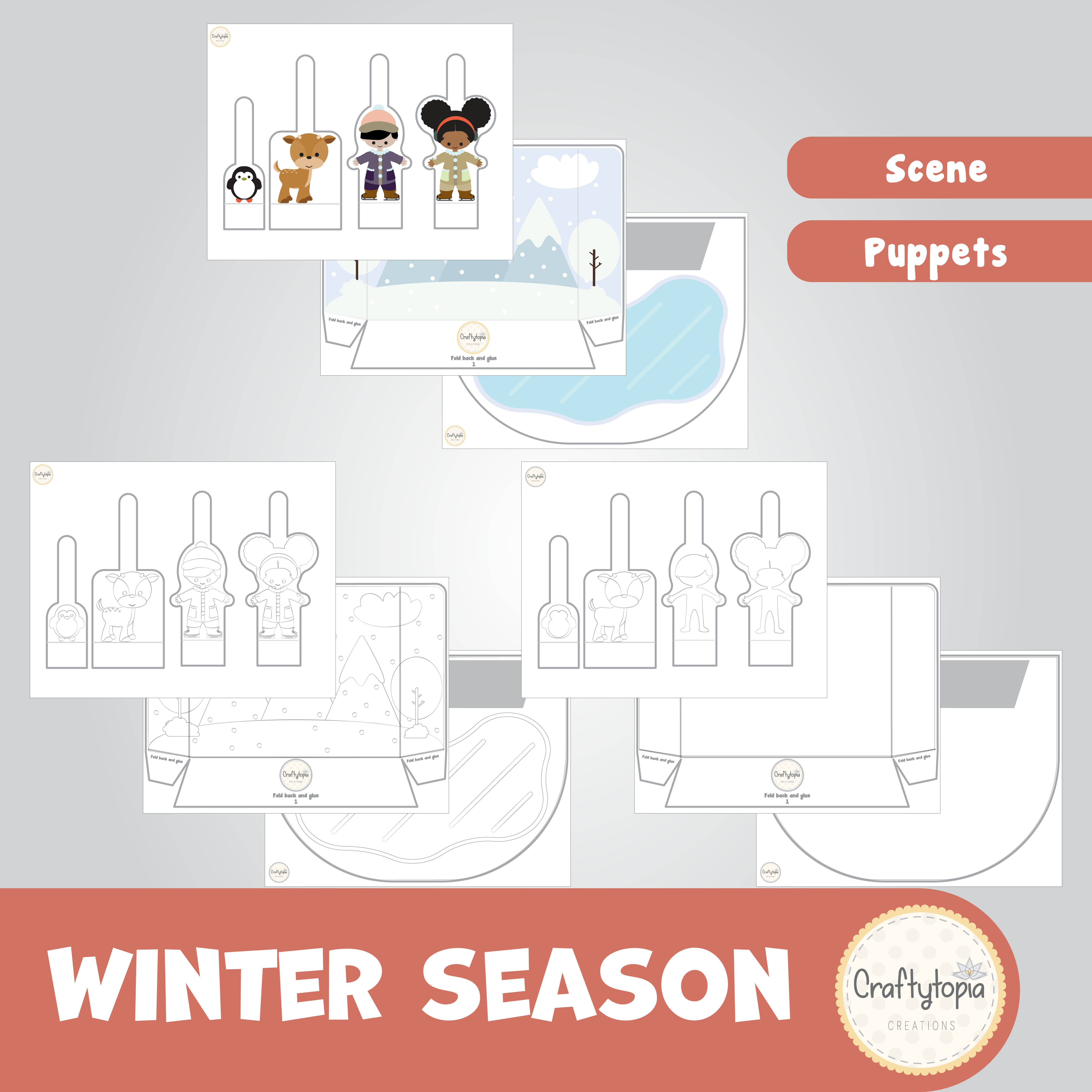 Printable Winter Scene and Puppets Kids Storytelling Activity for coloring