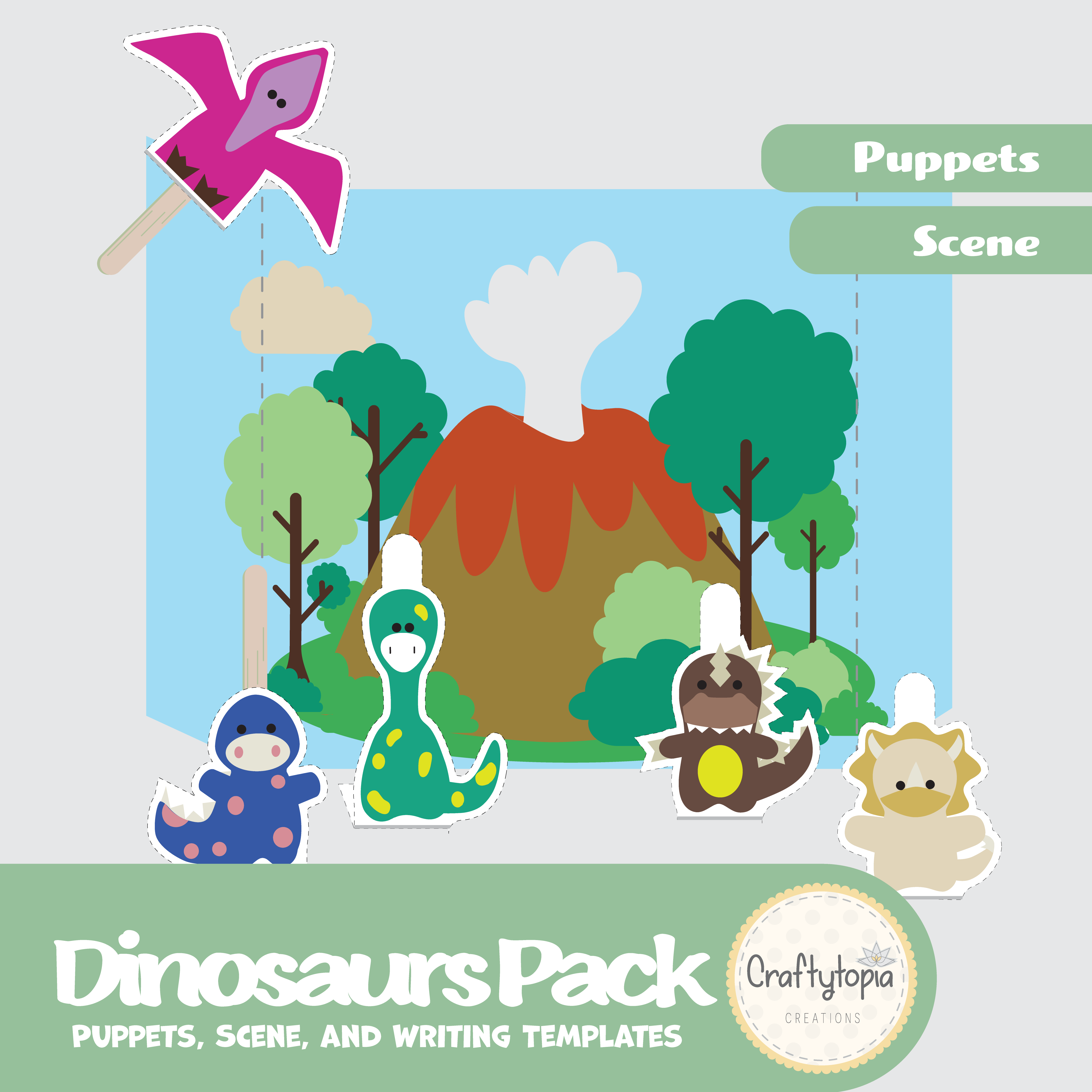 Printable Dinosaurs Puppets 2D Scene with Writing Activities for Kids