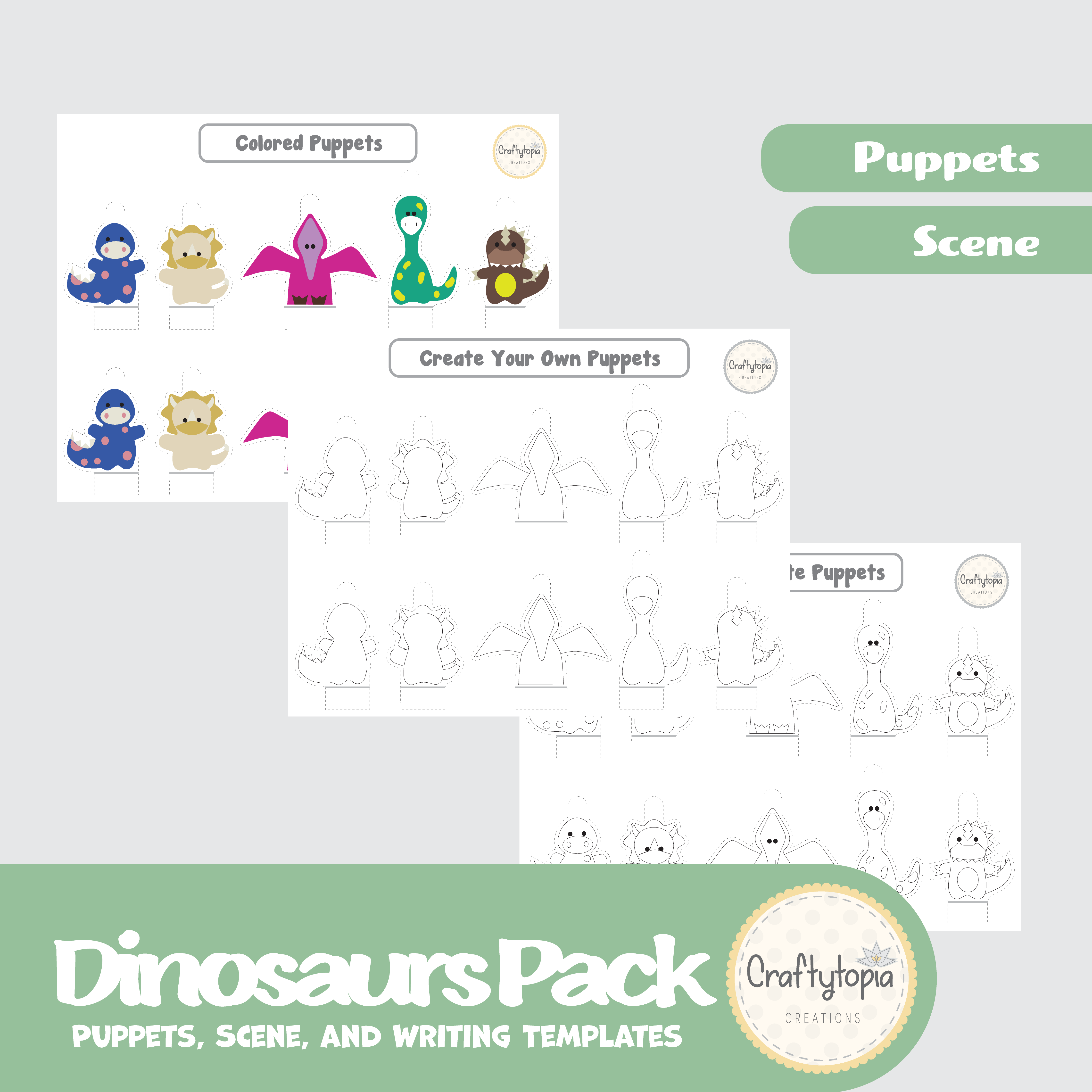 Printable Dinosaurs Puppets 2D Scene with Writing Activities for Kids
