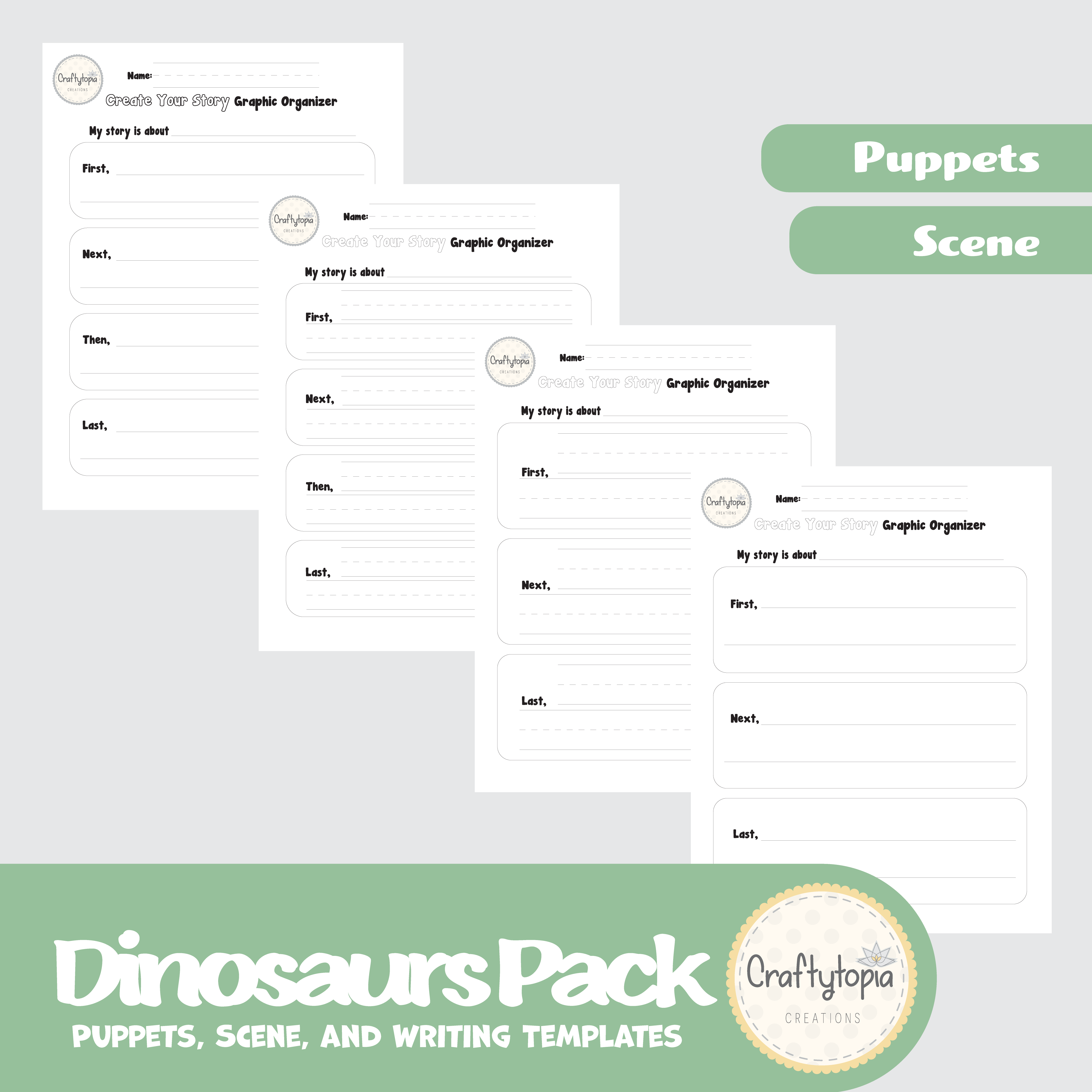 Printable Dinosaurs Puppets 2D Scene with Writing Activities for Kids