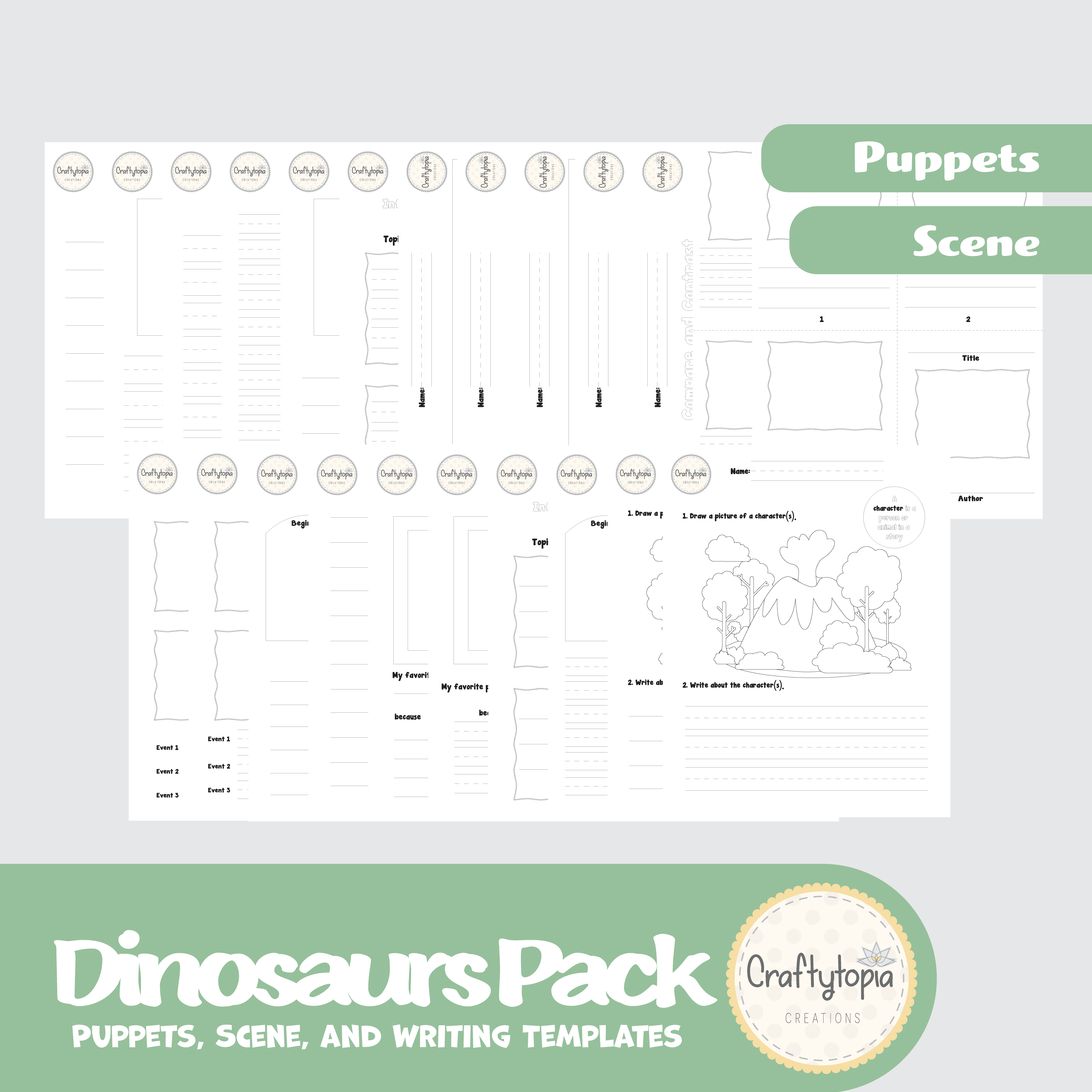 Printable Dinosaurs Puppets 2D Scene with Writing Activities for Kids
