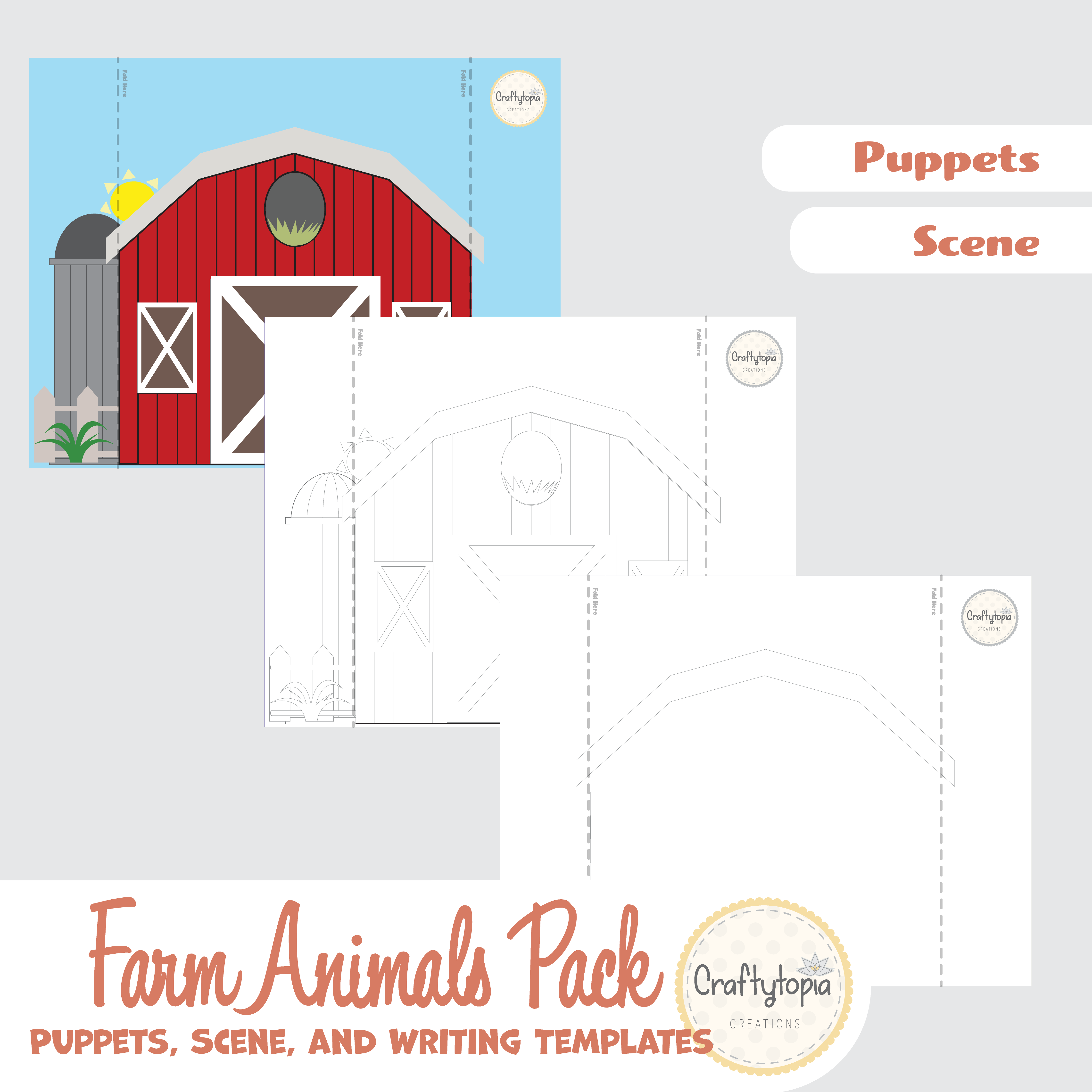 Printable Farm 2D Scene with Puppets Kids Activity for coloring