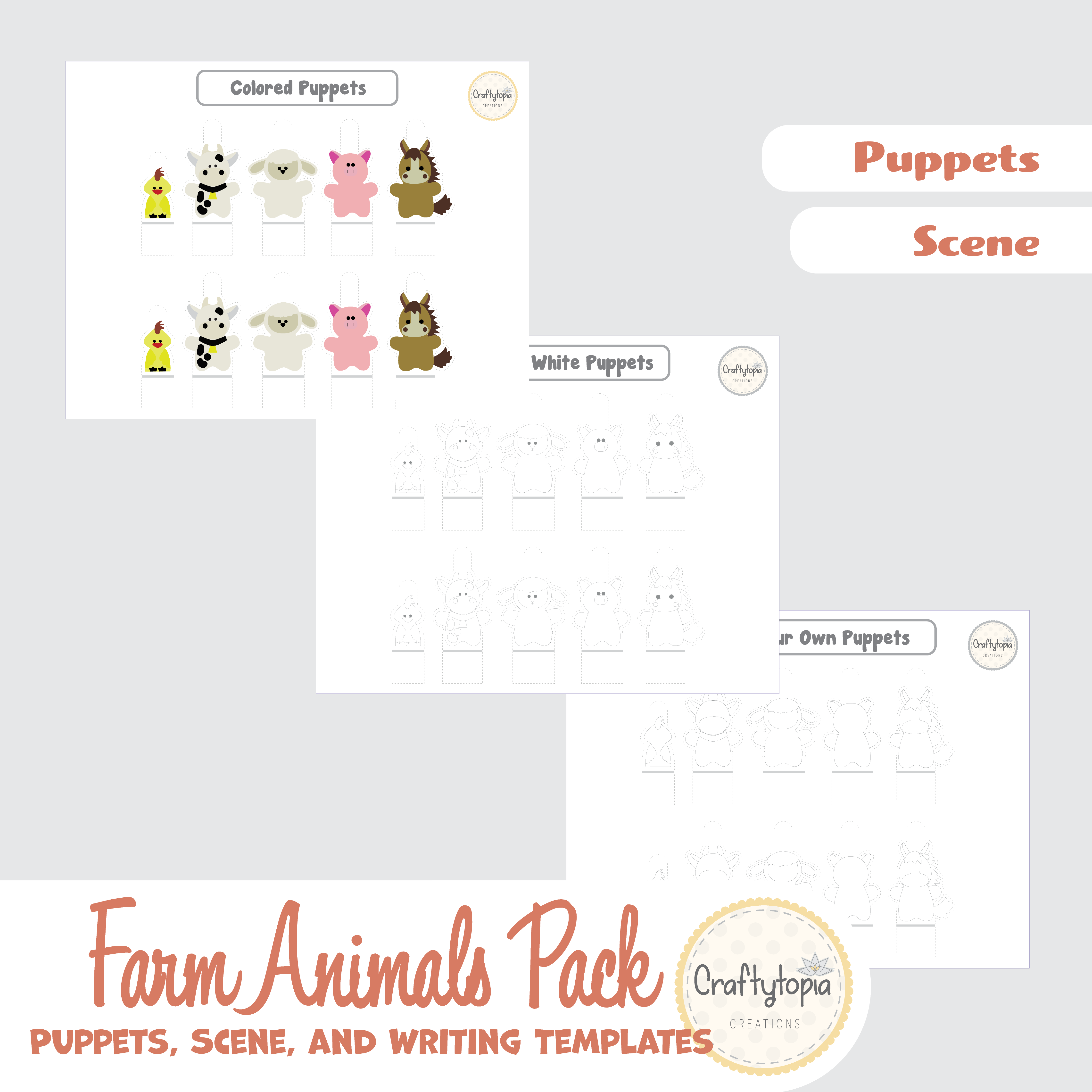 Printable Farm 2D Scene with Puppets Kids Activity for coloring