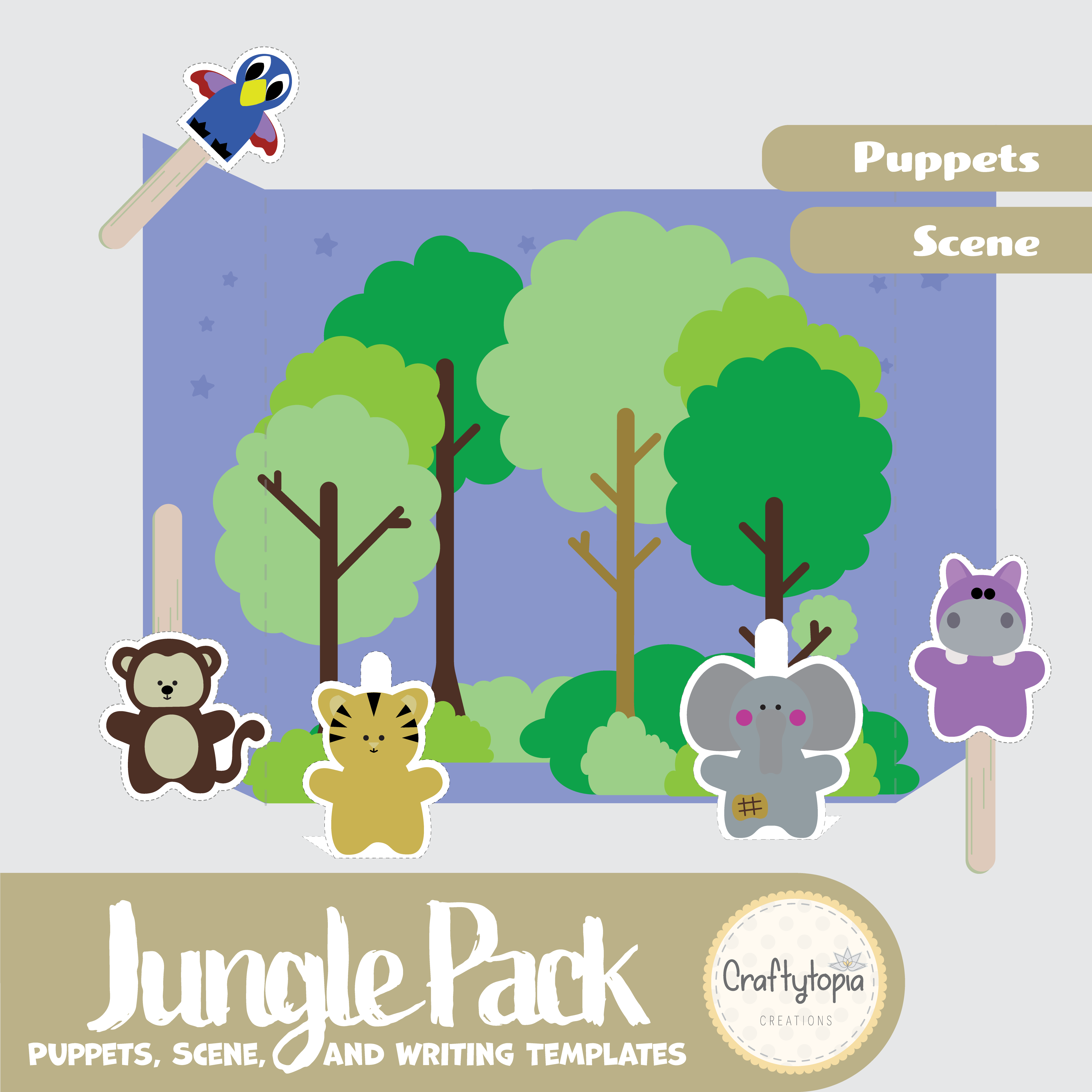 Printable Jungle Grasslands 2D Scene and Puppets with WRITING Activities