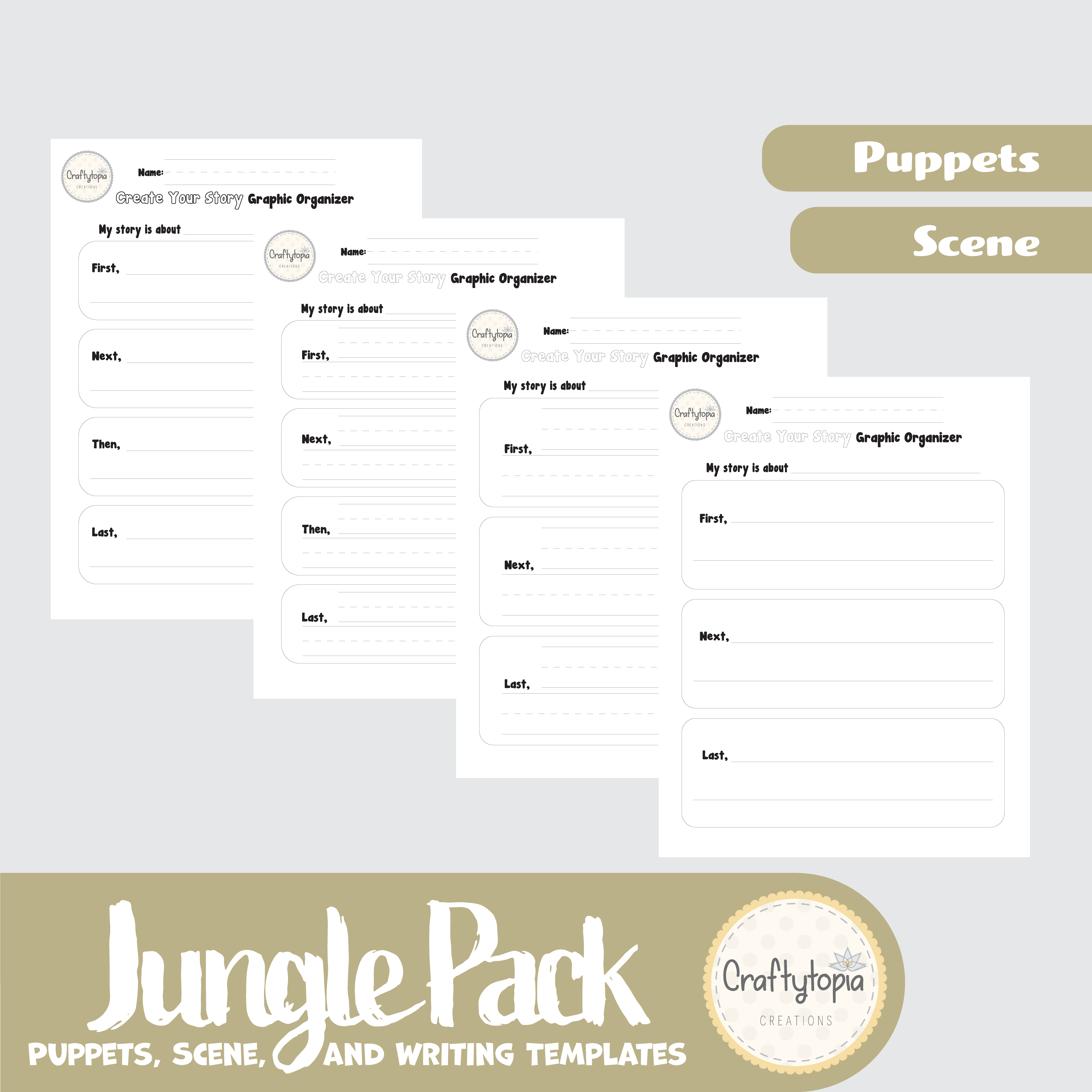 Printable Jungle Grasslands 2D Scene and Puppets with WRITING Activities