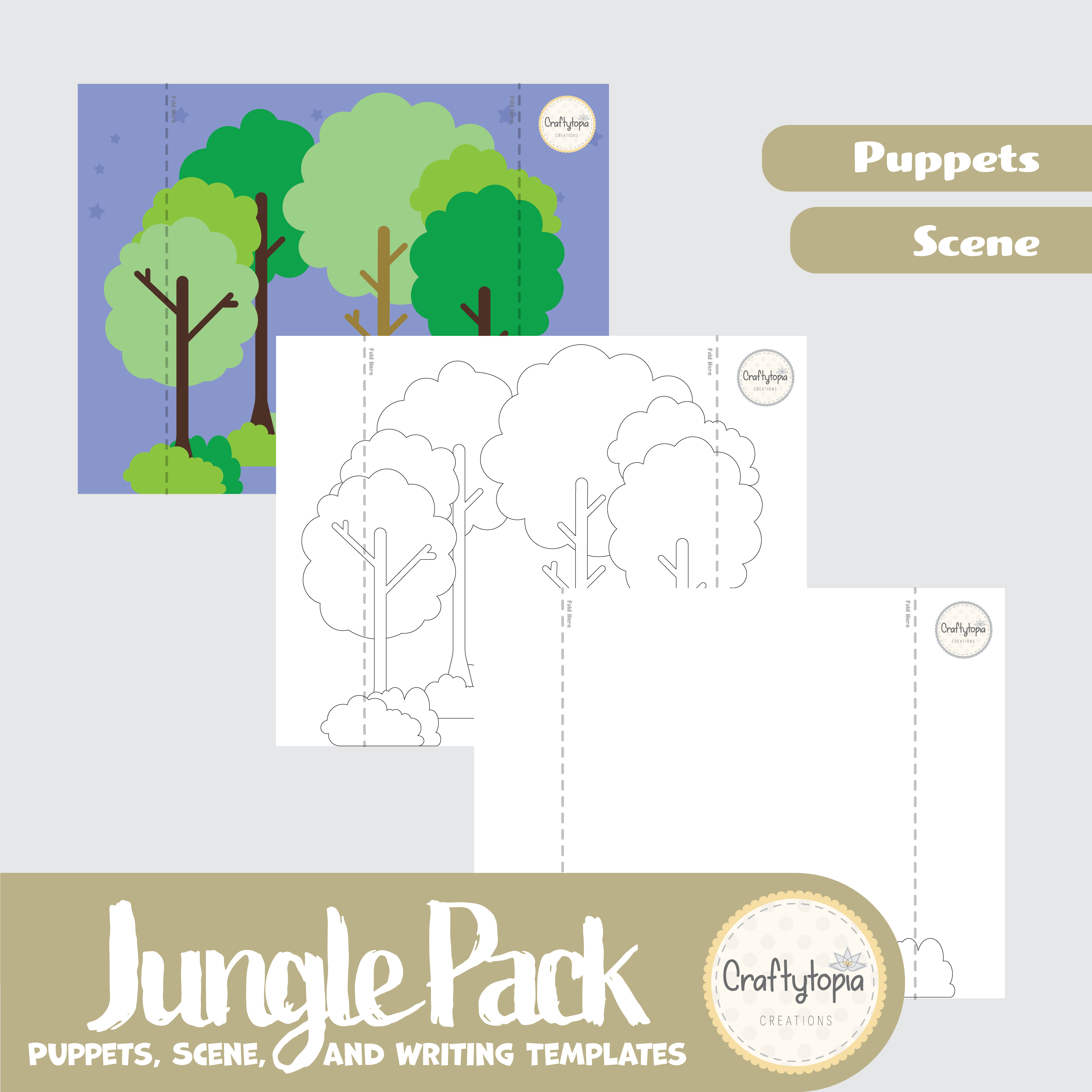 Printable Jungle Grasslands 2D Scene and Puppets with WRITING Activities for coloring